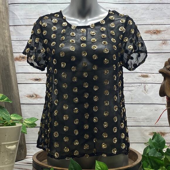 Piperlime Collection Sheer Black w/ Gold Sequin New Year Party Crew Neck Top S - Picture 1 of 8